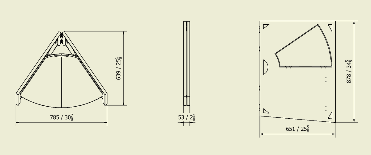 Desenho técnico com as dimensões da Book Chair aberta e fechada